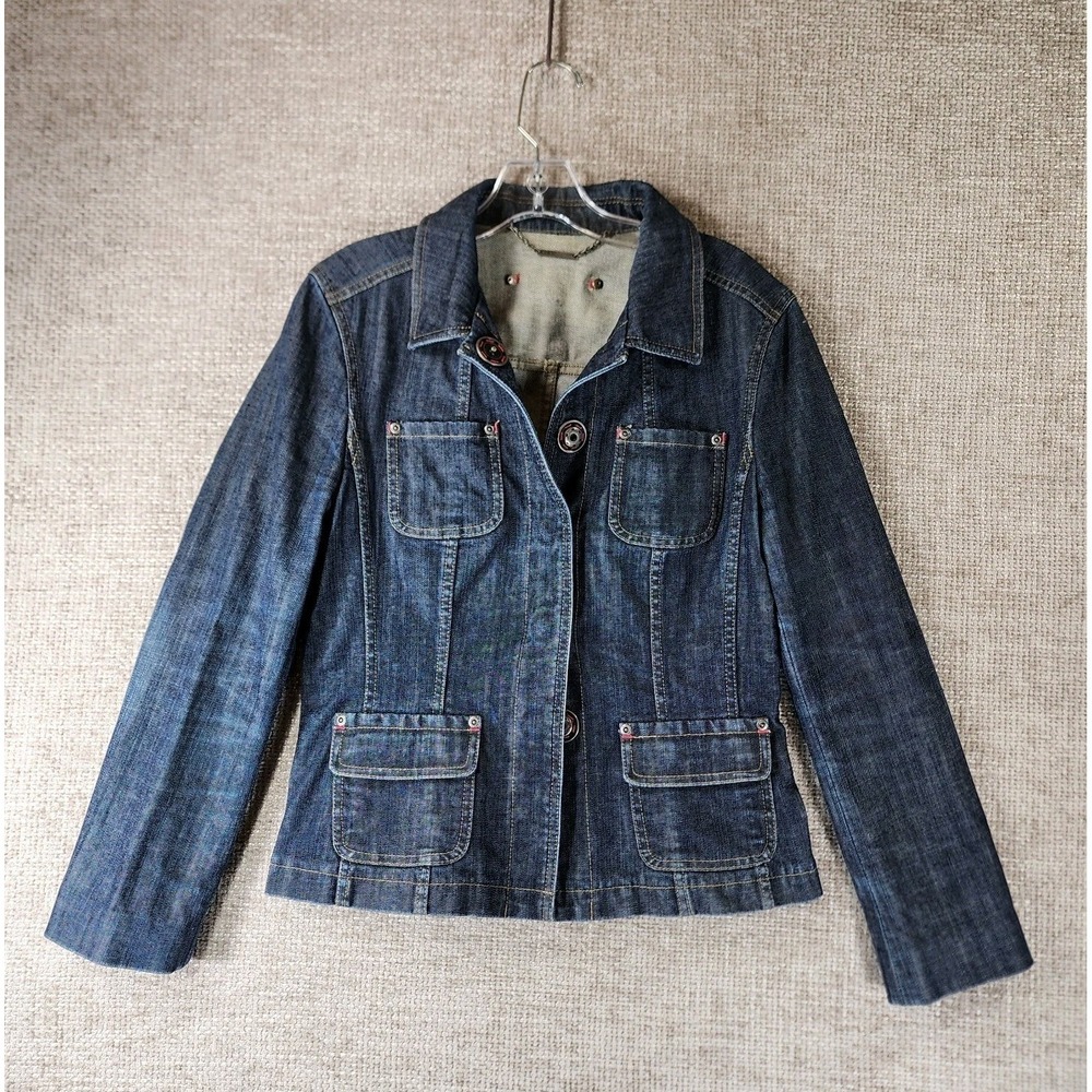 Elie Tahari Fitted Denim Jacket Womens M Blue Jean Big Snaps Classic BOHO